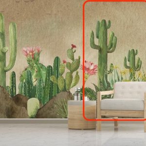 Pink Flowers Floral Background Green Desert Cactuses Plants Removable Wallpaper