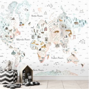 Soft World Map Little Animals and Famous Landmarks Removable Wallpaper