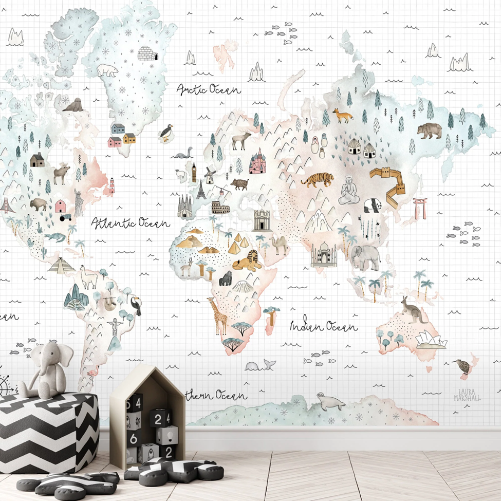 Soft World Map Little Animals and Famous Landmarks Removable Wallpaper 3 Soft World Map Little Animals and Famous Landmarks Removable Wallpaper