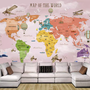 Colorful World Map Airplane and Hot Air Balloon Removable Wallpaper