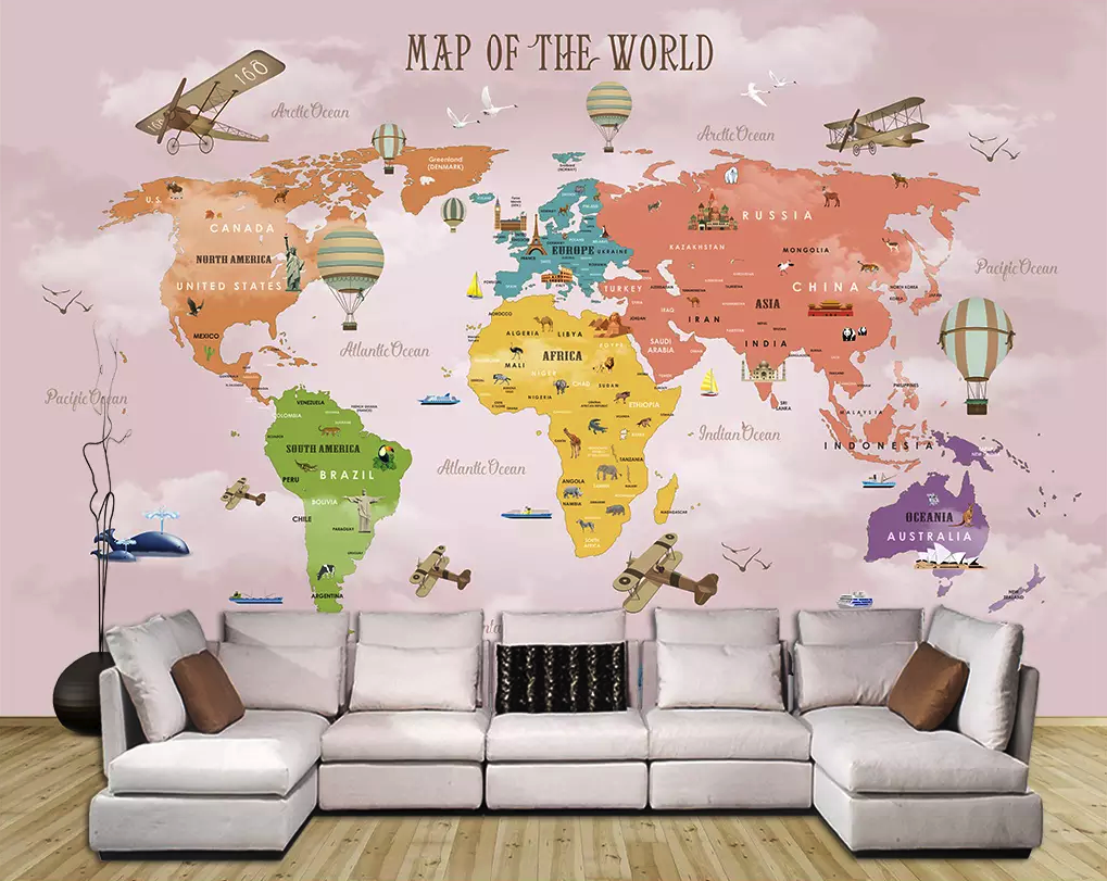 Colorful World Map Airplane and Hot Air Balloon Removable Wallpaper 1 Colorful World Map Airplane and Hot Air Balloon Removable Wallpaper