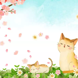 Cartoon Cat Cherry Blossom Kids Removable Wallpaper