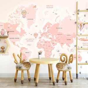 Pink World Map Background Animals  Removable Wallpaper