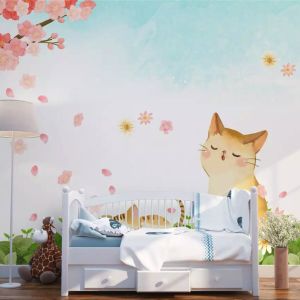 Cartoon Cat Cherry Blossom Kids Removable Wallpaper