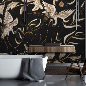 Dark Crane Birds Brown Retro Florals Asian Leaves Removable Wallpaper