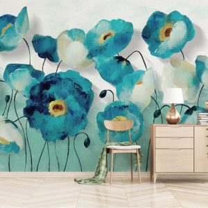Watercolor Turquoise Long Stem Garden Flowers Plants Removable Wallpaper