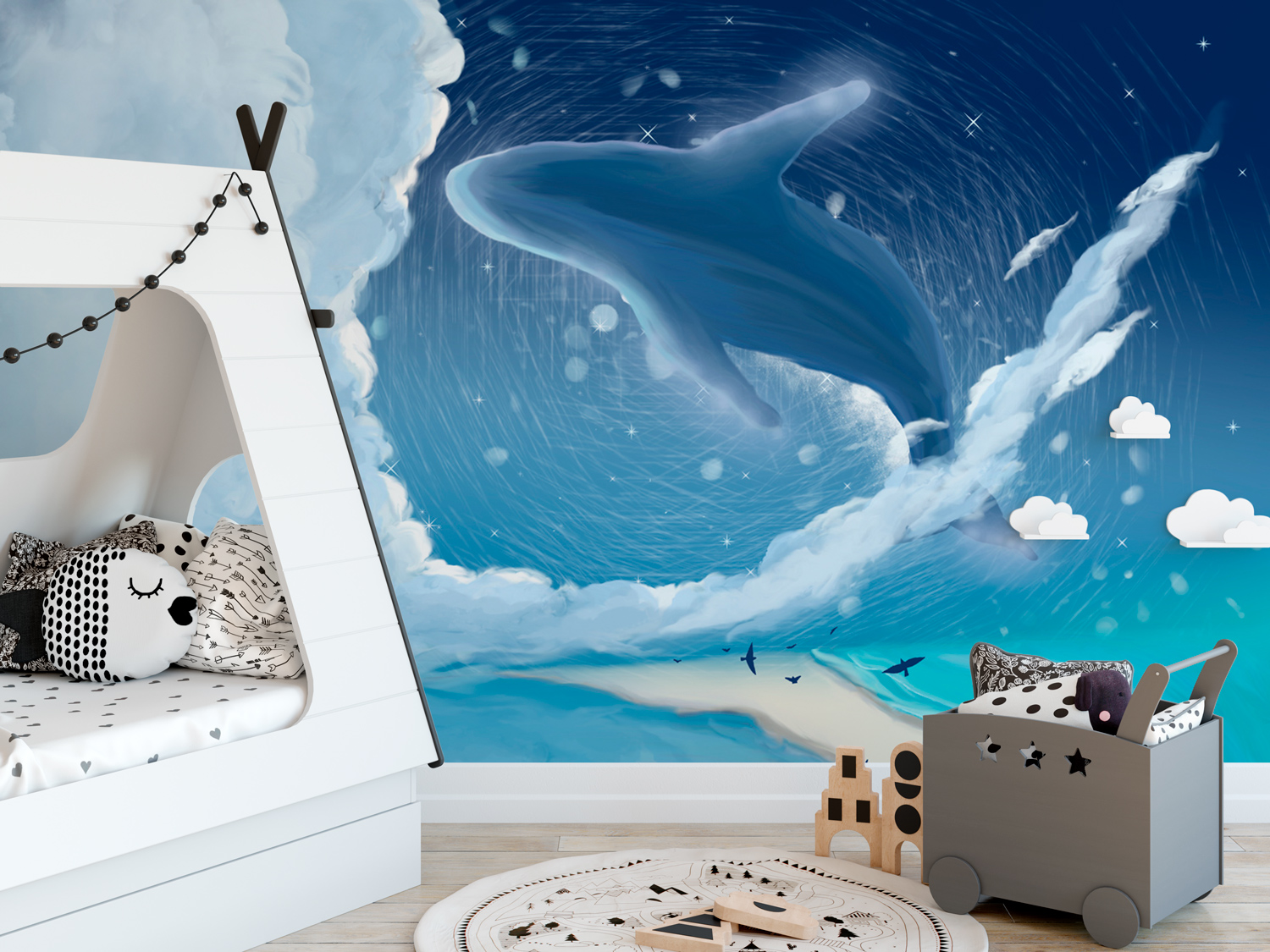 Blue Whale Cartoon Nightscape Removable Wallpaper 5 Blue Whale Cartoon Nightscape Removable Wallpaper