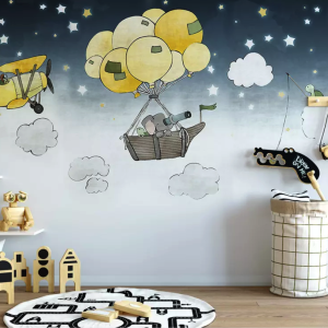 Cartoon Nightscape Hot Air Balloon and Elephant Wallpaper