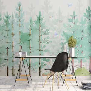 Green Watercolor Trees and Butterflies Removable Wallpaper
