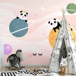 Planets and Pandas on the Pinkish Background Colorful Removable Wallpaper
