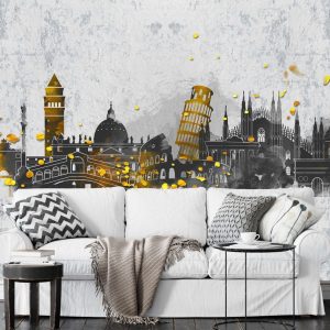 Landmarks of Famous Cities Grunge Gray Background Silhouette Removable Wallpaper