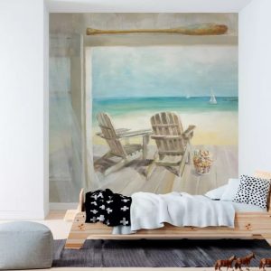 Beach Landscape Watercolor Painting Mediterranean Removable Wallpaper