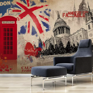 London Landscape, English Flag and Phone Booth Wallpaper