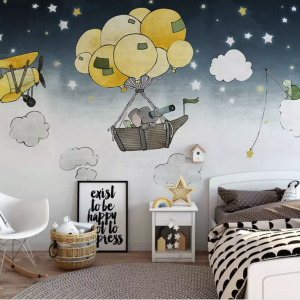 Cartoon Nightscape Hot Air Balloon and Elephant Wallpaper