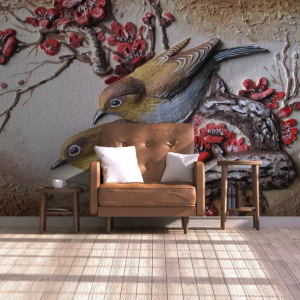 3D Embossed Cement Sculpture Bird Colorful Tree Modern Wallpaper