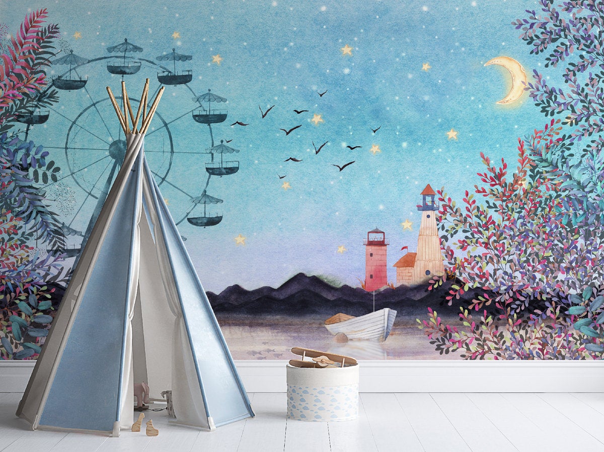 Colorful Leaves Starry Sky Ferris Wheel Removable Wallpaper 2 Colorful Leaves Starry Sky Ferris Wheel Removable Wallpaper