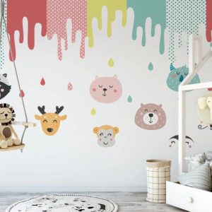 Colorful Cute Animal Faces and Watercolor  Removable Wallpaper
