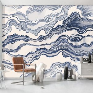 Blue White Stripe Nordic Abstract Waves Wallpaper