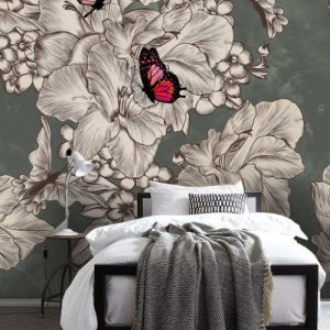 Butterflies Botanic Flowers Dark Background Floral Removable Wallpaper