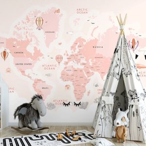 Pink World Map Background Animals Removable Wallpaper