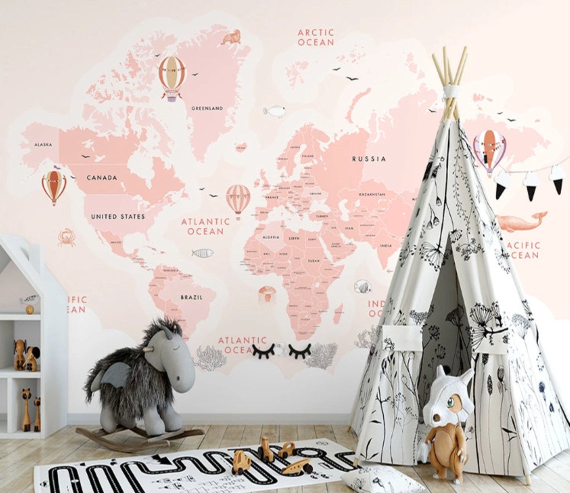 Pink World Map Background Animals Removable Wallpaper 2 Pink World Map Background Animals Removable Wallpaper