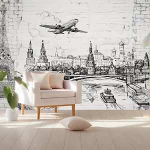 Light Brick Wall Contours of World Landmarks Airplane Sky Removable Wallpaper