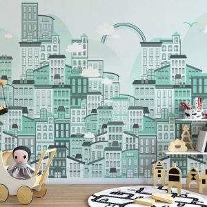 Monochrome Cityscape With Little Rainbow Removable Wallpaper