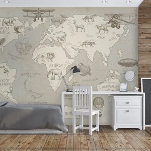 Soft Brown Continent World Map with Drawing Animals Removable Wallpaper