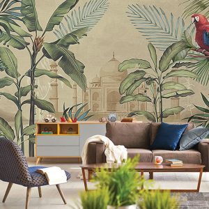 Taj Mahal Tropical Vintage Leaves Parrot Wallpaper