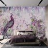 Peacock Wallpaper Mural with Floral and Wisteria Accents