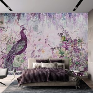 Peacock Wallpaper Mural with Floral and Wisteria Accents