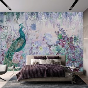 Peacock Wallpaper Mural with Floral and Wisteria Accents