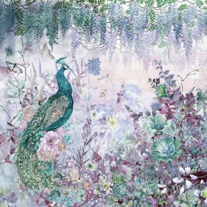 Peacock Wallpaper Mural with Floral and Wisteria Accents