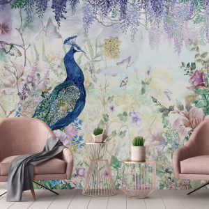 Peacock Wallpaper Mural with Floral and Wisteria Accents