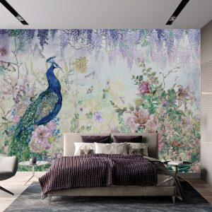 Peacock Wallpaper Mural with Floral and Wisteria Accents