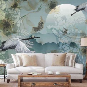 Serene Cranes and Blossoms Wallpaper Mural