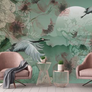 Serene Cranes and Blossoms Wallpaper Mural