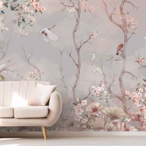 Cherry Blossom and Birds Wallpaper Mural Pastel Floral Serenity