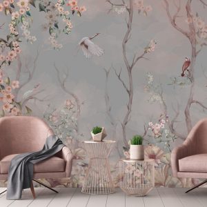 Cherry Blossom and Birds Wallpaper Mural Pastel Floral Serenity