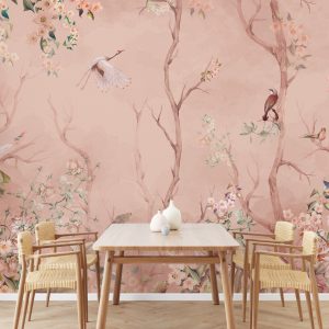 Cherry Blossom and Birds Wallpaper Mural Pastel Floral Serenity