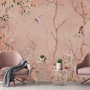 Cherry Blossom and Birds Wallpaper Mural Pastel Floral Serenity