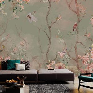 Cherry Blossom and Birds Wallpaper Mural Pastel Floral Serenity