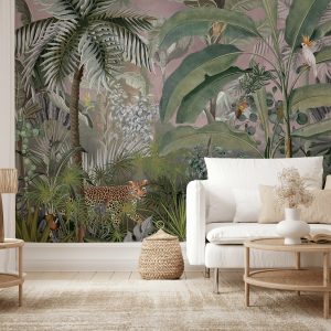 Jungle Adventure Vibrant Wildlife Wallpaper Mural with Lush Greenery