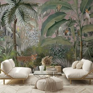 Jungle Adventure Vibrant Wildlife Wallpaper Mural with Lush Greenery