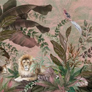 Luxurious Jungle Safari Wallpaper Mural Lions and Tropical Foliage
