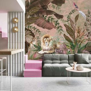 Luxurious Jungle Safari Wallpaper Mural Lions and Tropical Foliage