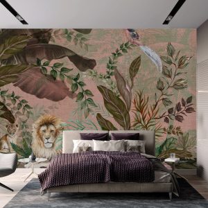 Luxurious Jungle Safari Wallpaper Mural Lions and Tropical Foliage