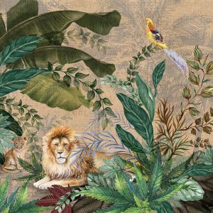 Luxurious Jungle Safari Wallpaper Mural Lions and Tropical Foliage