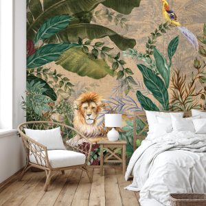 Luxurious Jungle Safari Wallpaper Mural Lions and Tropical Foliage
