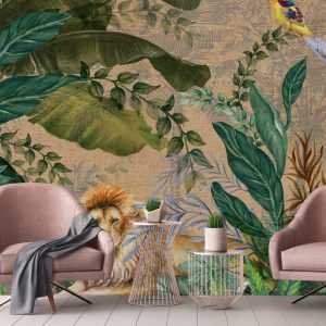 Luxurious Jungle Safari Wallpaper Mural Lions and Tropical Foliage